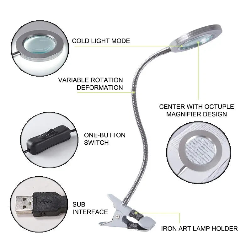 Flexible table lamp with magnifying glass.